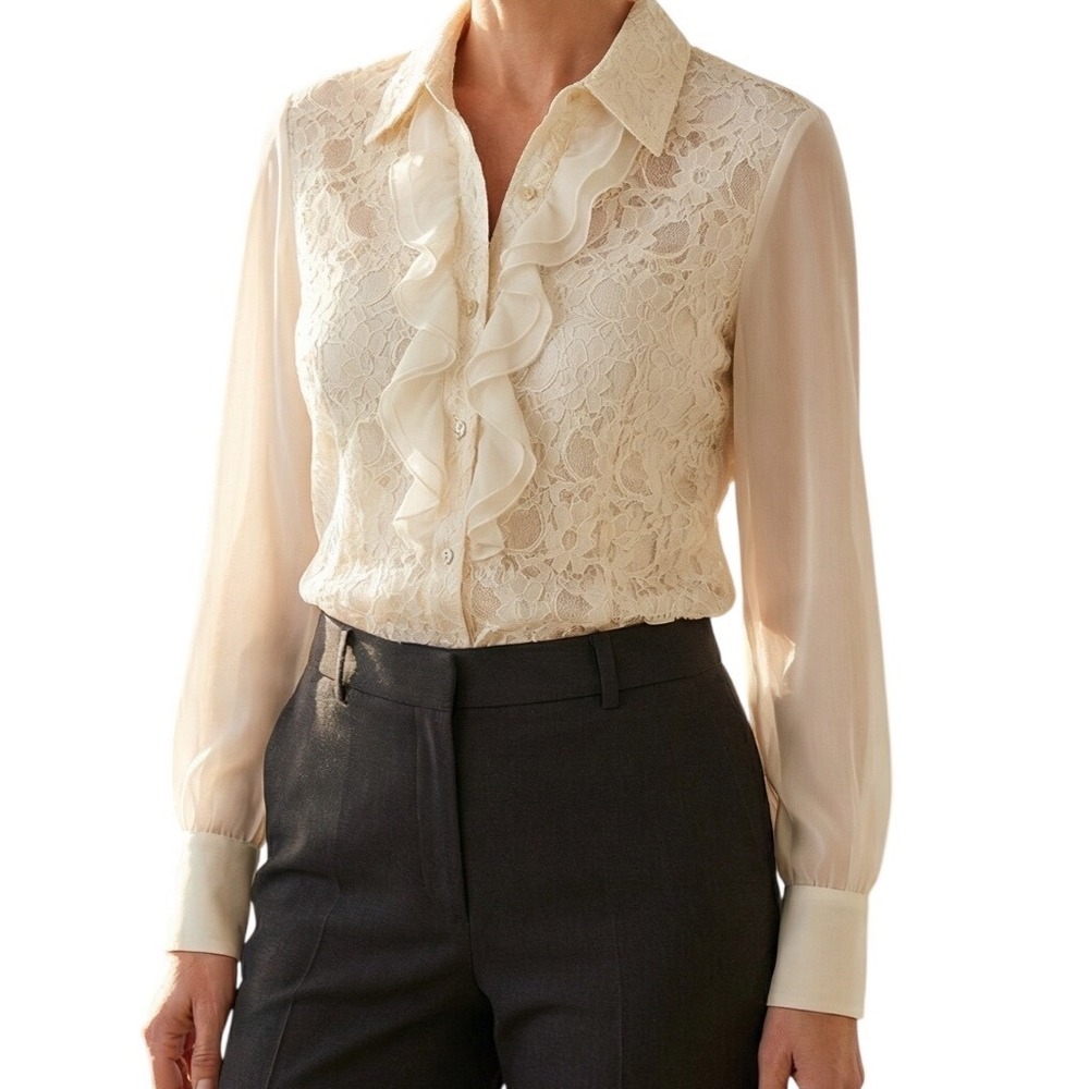 NWT Coldwater Creek Cream Lace Ruffle Poet Fairy Long Sleeve Blouse Size Medium‎